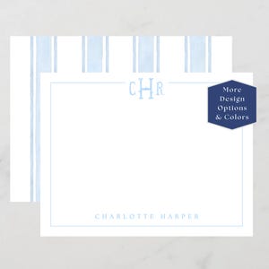 May include: White stationery with light blue watercolor stripes and a matching border. The stationery features the initials "CHR" in light blue and the name "Charlotte Harper" at the bottom. A navy blue hexagon with text is in the corner.