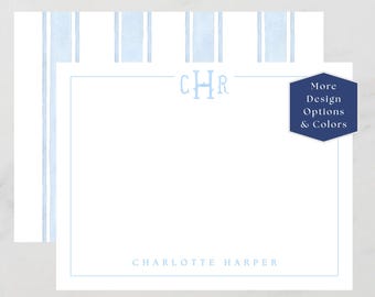 Personalized Monogram Notecards, Custom Flat Cards, Vintage Preppy Watercolor Stationery