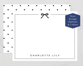 Personalized Bow Stationery, Custom Polka Dot Flat Notecards, Thank You Notes