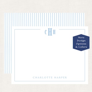 May include: A white stationery card featuring a light blue striped border at the top, a light blue monogram with the letters CHH centered at the top, and the name Charlotte Harper printed in light blue at the bottom. A dark blue hexagon badge reads More Design Options & Colors.
