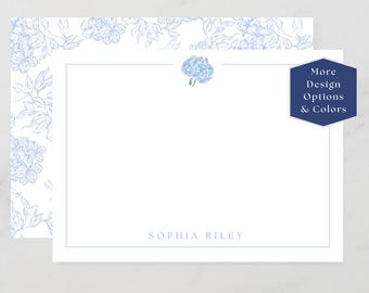 Personalized Blue Hydrangea Notecards, Custom Floral Stationery Set Gift, Classic Notecard Set for Women