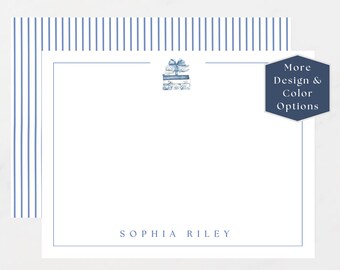 Personalized Bookish Notecards, Custom Name Stationery, Classic Vintage Preppy Flat Card Gift Set