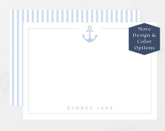 Personalized Anchor Stationery, Custom Nautical Flat Notecards, Thank You Notes, Coastal Stationery