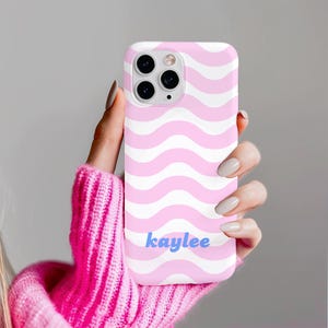 Wavy Stripe Phone Case, Pink and White Phone Case, Custom Name Phone Case, Tough Phone Case