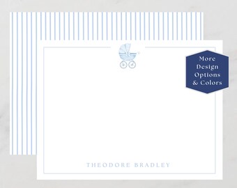 Personalized Baby Boy Stationery, Classic Baby Carraige Notecards, Baby Shower Thank You Cards