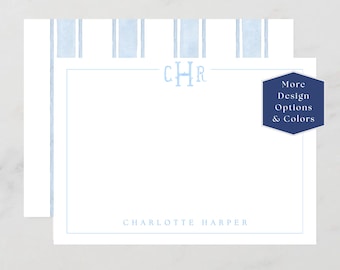 Personalized Monogram Notecards, Custom Flat Cards, Vintage Preppy Watercolor Stationery