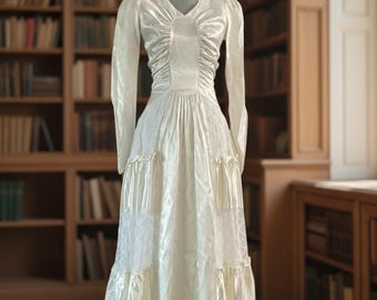 Vintage 1940s Satin Wedding Dress: Ivory Lace Bridal Gown, Handmade, Size S