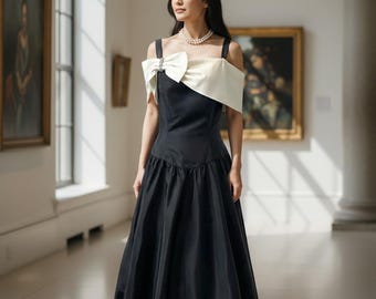 Vintage 90s Black White Bow Dress: off the shoulder Style, Size L