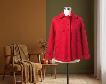Roter Wollmantel im Vintage-Stil der 1960er-Jahre – Zweireihige Mod-Jacke, klassische Winterjacke, Größe L