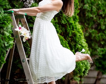 1950s Vintage Tea-Length Wedding Dress, White Lace Gown with Bolero, XS