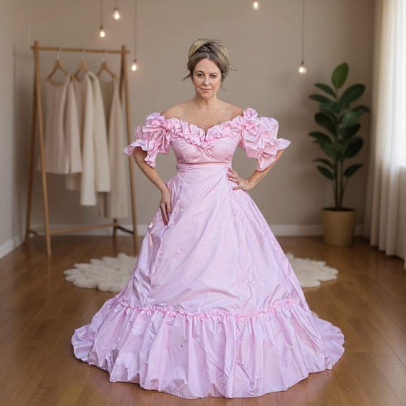 Vintage Pink Taffeta Wedding Dress: Vintage Cottagecore Party Gown, Size L  - Etsy UK