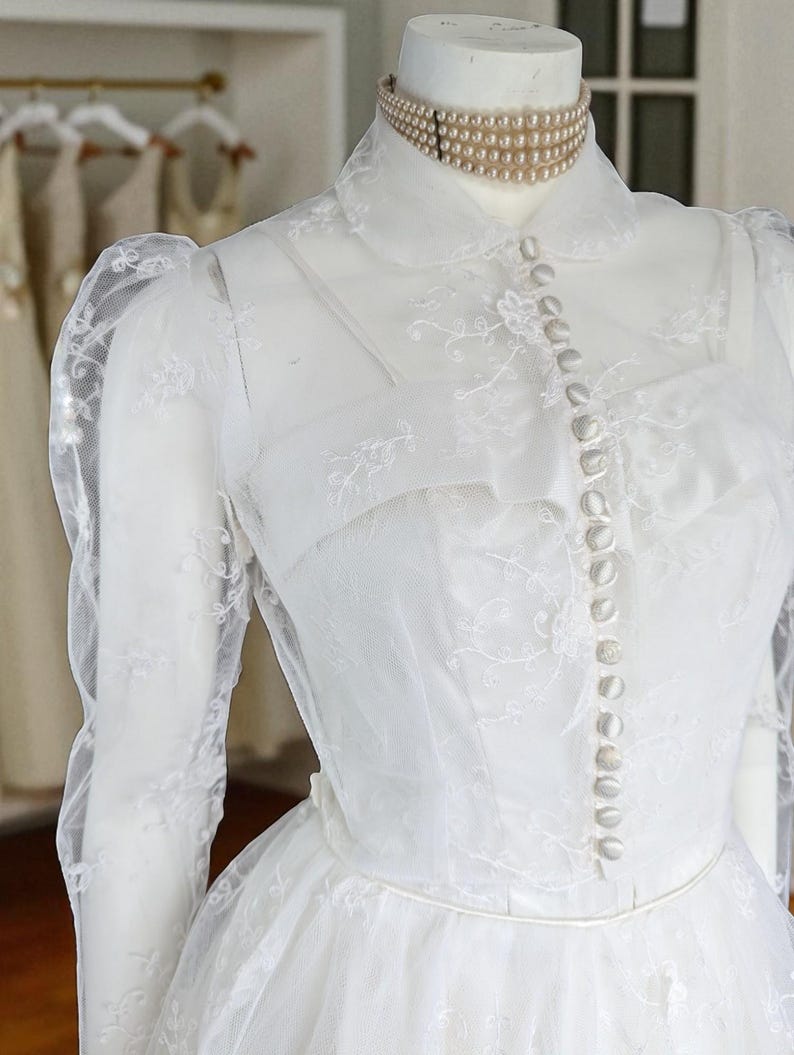 A rare Vintage 1950s Satin Wedding Dress with Matching Bolero Jacket, 50s Spaghetti Strap Wedding Dress with Full Embroidered Tulle Skirt, Size S