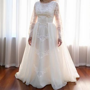1950s 60s Lace Appliqué Wedding Gown: Vintage High Neck Bridal Dress