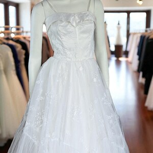 A rare Vintage 1950s Satin Wedding Dress with Matching Bolero Jacket, 50s Spaghetti Strap Wedding Dress with Full Embroidered Tulle Skirt, Size S