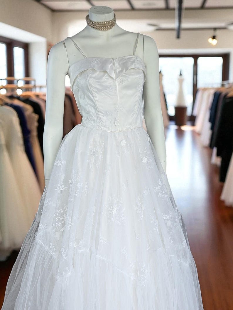 A rare Vintage 1950s Satin Wedding Dress with Matching Bolero Jacket, 50s Spaghetti Strap Wedding Dress with Full Embroidered Tulle Skirt, Size S