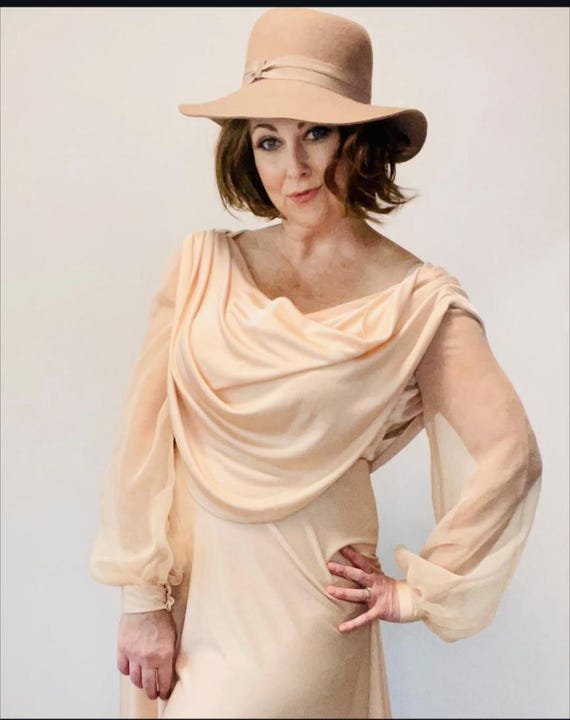 Vintage Peach Chiffon Cowl Neck Dress: 1970s Old Hollywood Glamour, Size M 