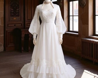 Vintage Empire Waist Wedding Dress W/ Sheer Bishop Sleeves & Dcollet to  Lace Cuffs and Mock Neck, Simple Floor Length Unique Bridal Gown - Etsy