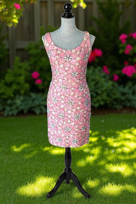 1960s Pink Beaded Wiggle Wool Dress: Hong Kong Designer, Size S