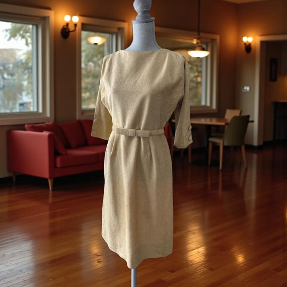 gold wiggle dress 1960s White Sequin Knit Wiggle Dress with Art Deco Gold Beaded Fringe