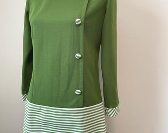 1960s Mod Mini Dress: Handmade Green Striped Go-Go Style (Size M)