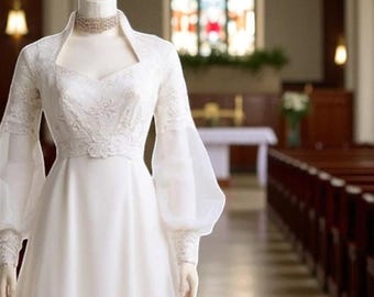 Vestido de noiva vintage dos anos 70 em chiffon e renda: mangas bufantes estilo boho, cauda longa (M/G)