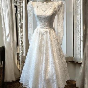 Vintage 1980s Satin Lace Wedding Dress | Puff Long Sleeves | High Neck Tea Length Bridal Gown | Rehearsal Reception Wedding Dress | Size S