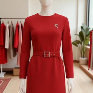 May include: A long-sleeved, red dress with a matching belt and a silver-colored brooch. The dress is displayed on a mannequin. The belt has a square buckle. Other dresses are visible in the background.