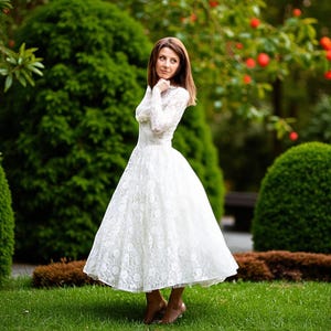 Vintage 50s Lace Tulle Wedding Dress: Tea Length Bridal Gown, XS