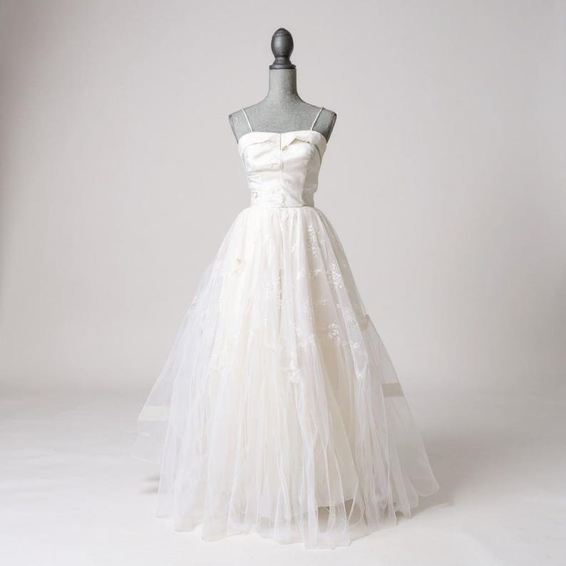 Vintage 1950s Satin Wedding Dress with Matching Bolero Jacket, 50s Spaghetti Strap Wedding Dress with Full Embroidered Tulle Skirt, Size S
