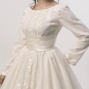 1960s Vintage Tea Length Wedding Dress: White Lace & Organza, Size XS