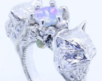 Zilveren Kattenring Kat met Opalen Katten sieraden Kitty Ring Kat Minnaar Gift Kat Oren Ring Kawaii Kat Verlovingsring Kat Cadeau Dier Handgemaakte Ring