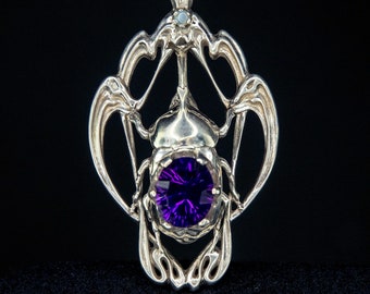 Art Nouveau Style Rhinoceros Beetle Pendant with Amethyst Insect Jewelry Nature Jewelry Armor Jewelry Magical Jewelry Thematic Jewelry