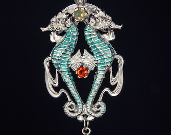 Art Nouveau Jewelry Seahorse Pendant Ocean Jewelry Mermaid Jewelry Opal Pendant Fire Opal Pedant Sapphire Pendant Beach Jewelry
