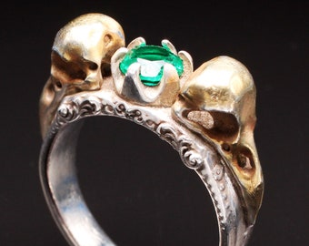 Raven Schedel Ring w Emerald Bird Skull Ring Pagan Ring Heks Sieraden Schedel Ring Odin Viking Ring Gotische Verlovingsring Viking Trouwring