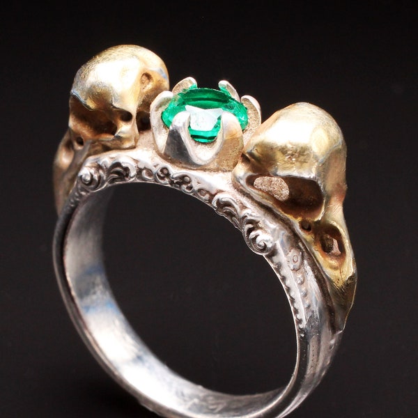 Raven Skull Ring w Emerald Bird Skull Ring Pagan Ring Witch Jewelry Skull Ring Odin Viking Ring Gothic Engagement Ring Viking Wedding Ring