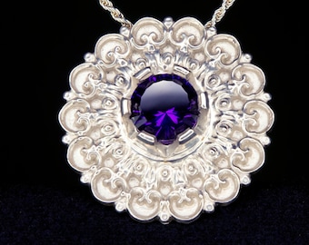 Art Nouveau Amethyst Pendant Sterling Silver Rosette Pendant Medallion Mandala Jewelry Baroque Jewelry Victorian Pendant Purple Necklace