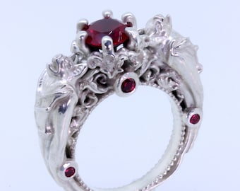 Bat Scroll Ring Rubies Gothic Engagement Wedding Ring Victorian Filigree Jewelry Alternative Engagement Ring Bat Jewelry Scrollwork Goth