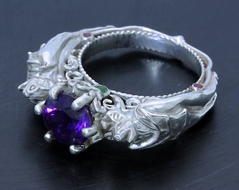 Bat Scroll Ring Amethyst Rubies Moissanite Gothic Engagement Wedding Ring Victorian Filigree Jewelry Alternative Engagement Ring Bat Jewelry