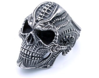 Biomechanical Skull Ring Biker Skull Ring Large Skull Ring Men's Skull Ring Rock Star Ring Gothic Ring Badass Ring  Silver Skull Ring Punk