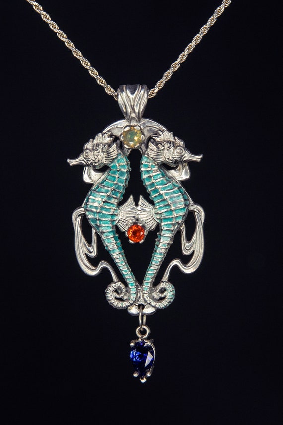 Art Nouveau Jewelry Seahorse Pendant Ocean Jewelry Mermaid Jewelry Opal Pendant Fire Opal Pedant Sapphire Pendant Beach Jewelry