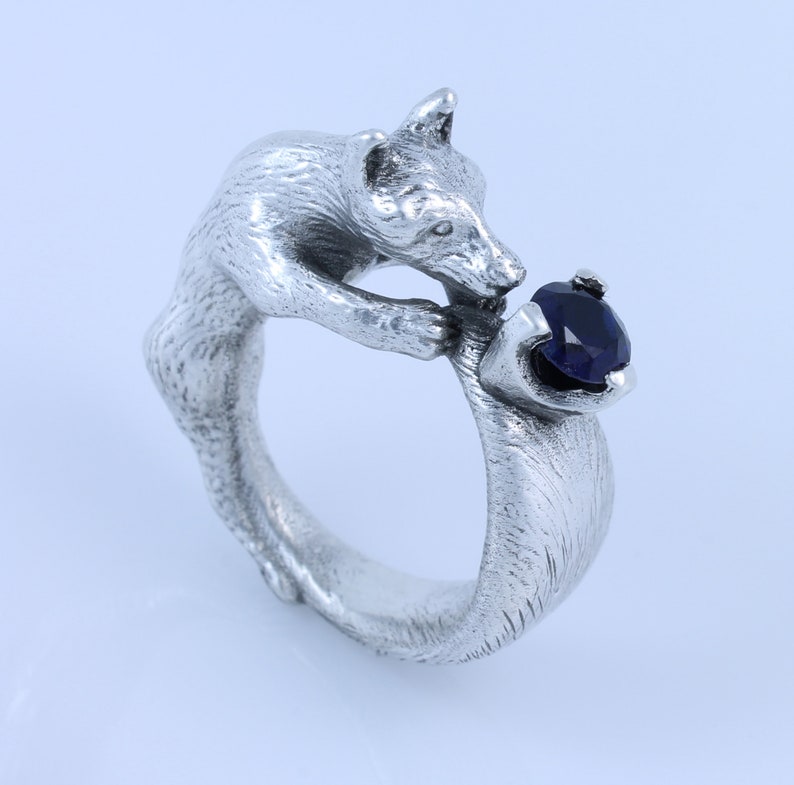 Fox Ring Blue Sapphire Fox Jewelry Engagement Ring Fox Tail Cosplay Jewelry Animal Ring Silver Fox Ring Nature Gift for Her Cute Fox Gift image 6