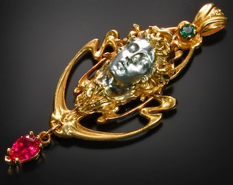 Art Nouveau Medusa Pendant Necklace in Silver, Plated Gold and Silver, or 14 kt Gold