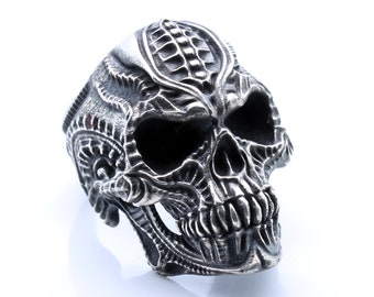 Skull Ring with Sharp Teeth Silver Skull Gothic Ring Mens Skull Ring Skull Ring Women Heavy Metal Motorcyle Ring Biomechanical HR Giger Ring