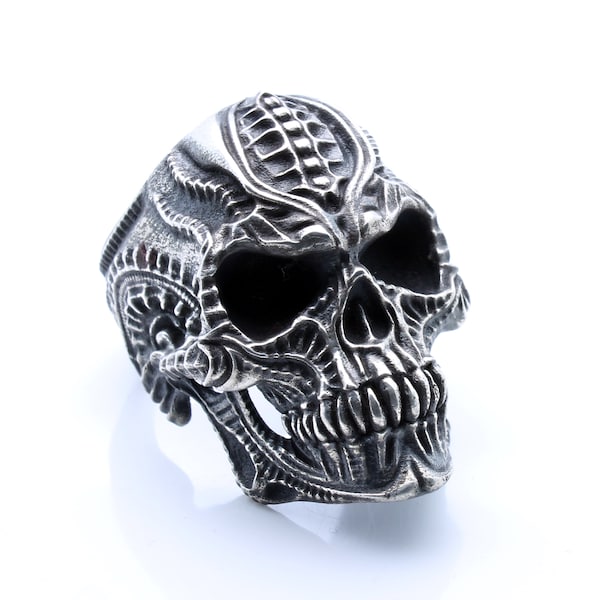 Skull Ring with Sharp Teeth Silver Skull Gothic Ring Mens Skull Ring Skull Ring Women Heavy Metal Motorcyle Ring Biomechanical HR Giger Ring