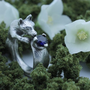 Fox Ring Blue Sapphire Fox Jewelry Engagement Ring Fox Tail Cosplay Jewelry Animal Ring Silver Fox Ring Nature Gift for Her Cute Fox Gift image 1