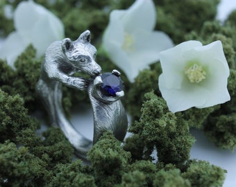 Fox Ring Blue Sapphire Fox Jewelry Engagement Ring Fox Tail Cosplay Jewelry Animal Ring Silver Fox Ring Nature Gift for Her Cute Fox Gift