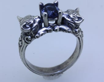 Cat Ring with Ears in a Renaissance styled setting with an oval faceted stone Feline Ring Cat Ears Ring Cat Lovers Jewelry Kitty Ring
