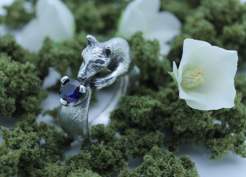 Fox Ring Blue Sapphire Fox Jewelry Engagement Ring Fox Tail Cosplay Jewelry Animal Ring Silver Fox Ring Nature Gift for Her Cute Fox Gift image 8