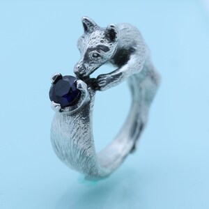Fox Ring Blue Sapphire Fox Jewelry Engagement Ring Fox Tail Cosplay Jewelry Animal Ring Silver Fox Ring Nature Gift for Her Cute Fox Gift image 4