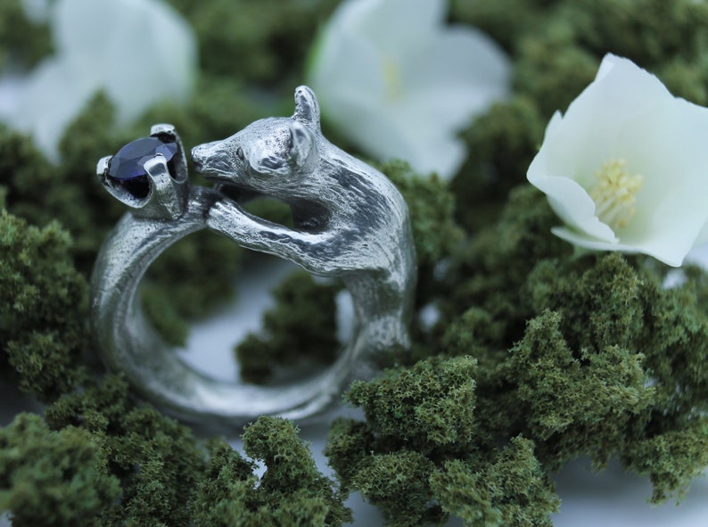 Fox Ring Blue Sapphire Fox Jewelry Engagement Ring Fox Tail Cosplay Jewelry Animal Ring Silver Fox Ring Nature Gift for Her Cute Fox Gift image 5